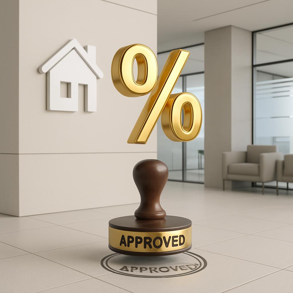 A percent sign and stamp with the word "Approved" written on it, suggesting an approval rate or success has ensued.