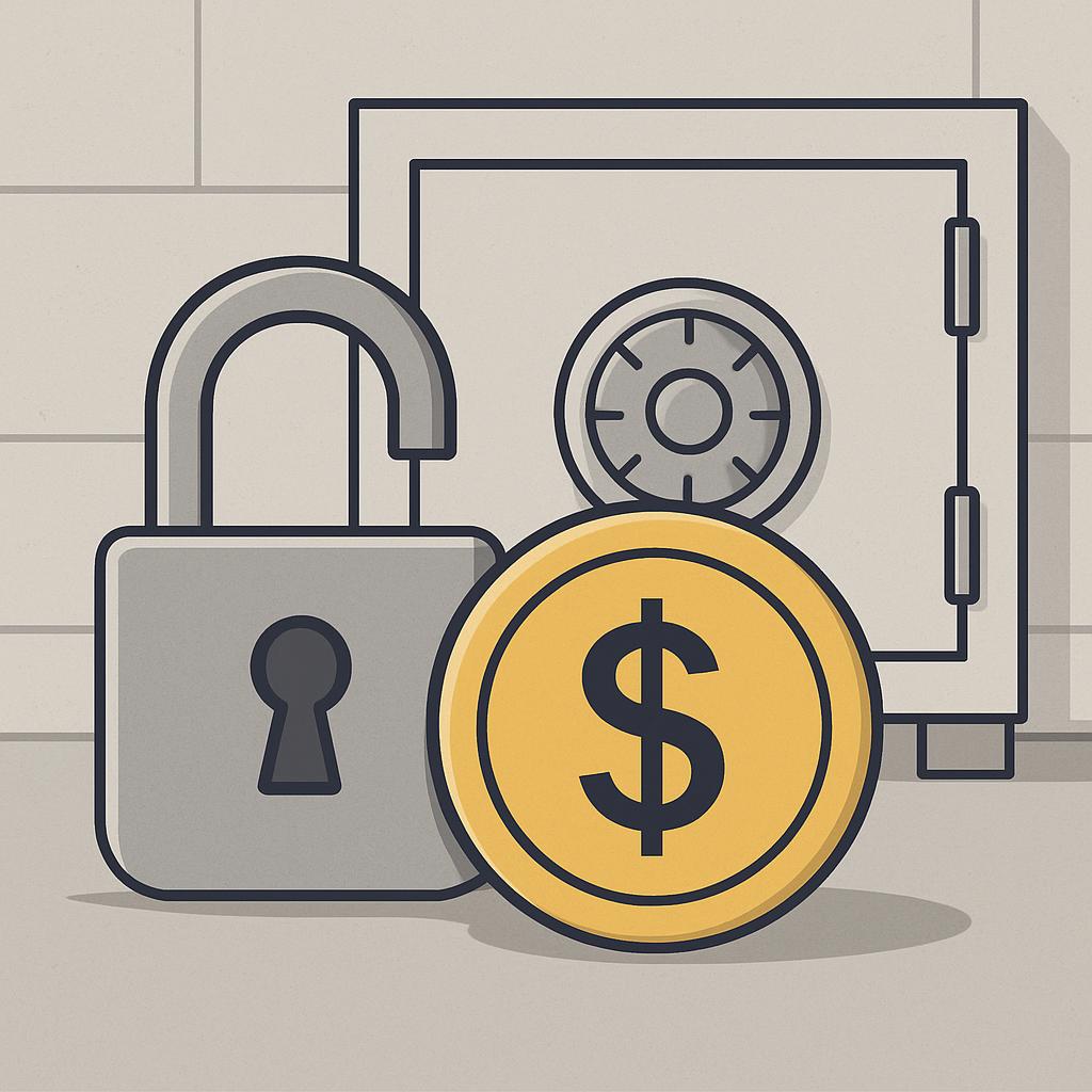 A combination lock and safe with a dollar symbol in front of it.